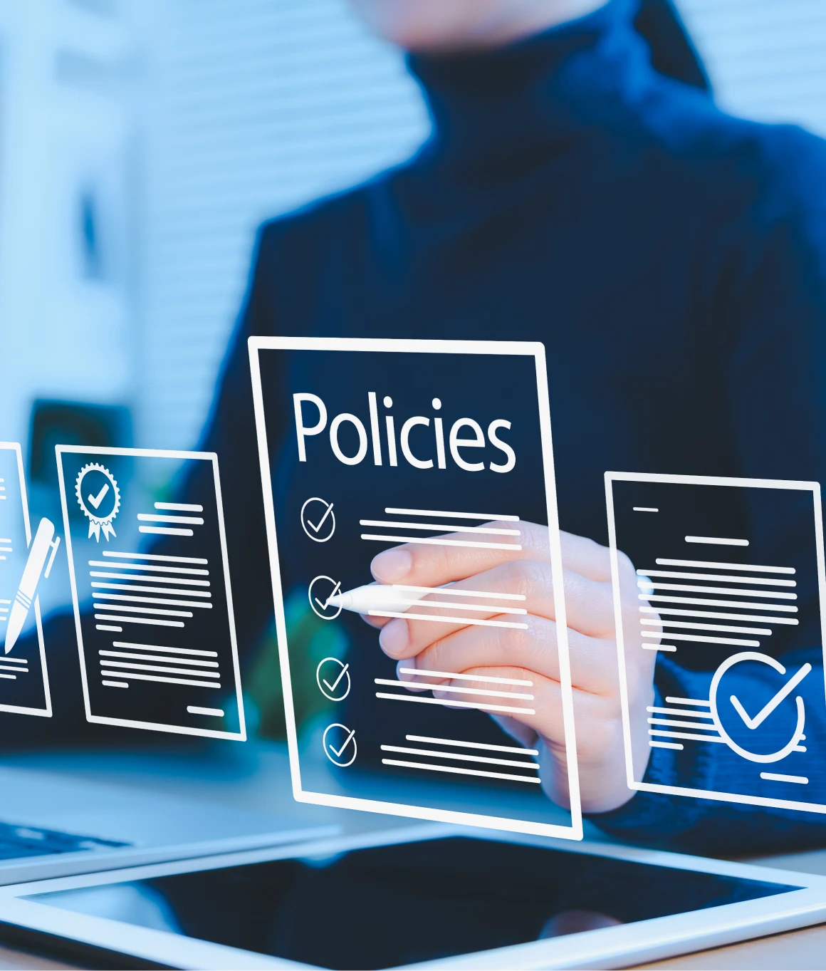 Hand interacting with policy documents